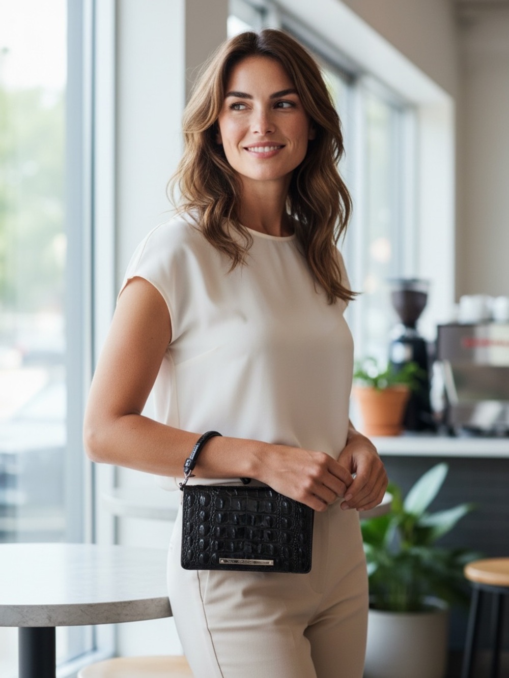 Brahmin Melbourne Black Croc-Embossed Leather Zip Wristlet